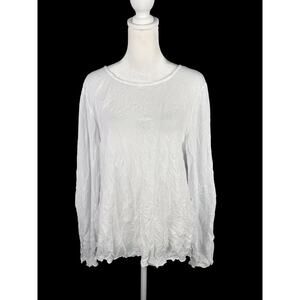 Chalet et Ceci S White Stretchy Pullover Crinkle Top Long Sleeve Lettuce Hem